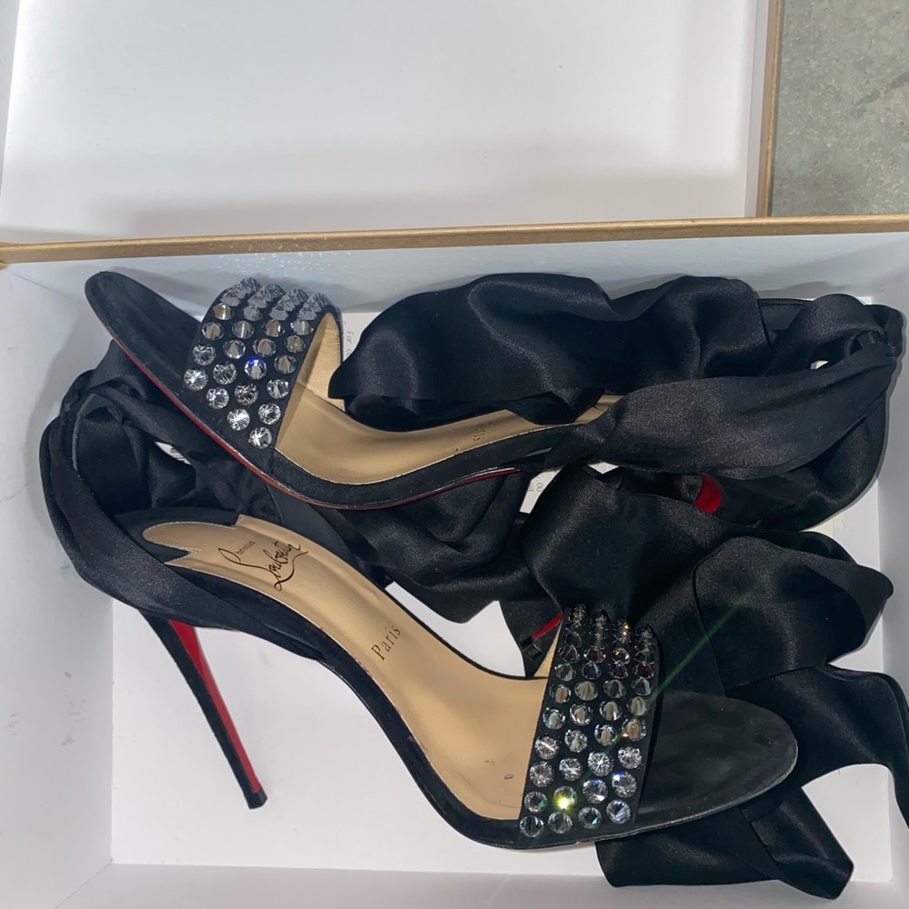 Satin strapped black crystal Louboutin heels